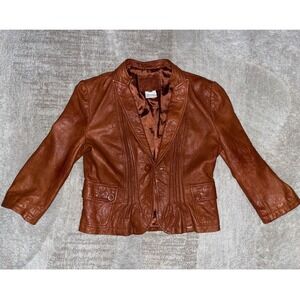 Aoyama Itchome Cognac Lamb Leather Pintuck Pleated Blazer Jacket Womens Medium